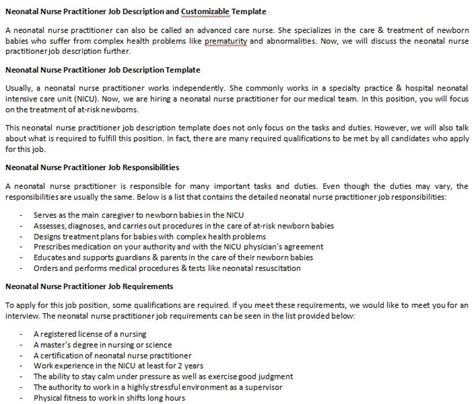 Neonatal Nurse Practitioner Job Description And Customizable Template
