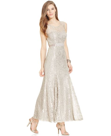 betsy adams metallic lace belted gown reviews dresses women macys long sleeve dress
