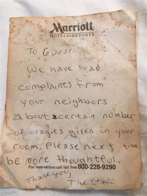 a note from the hotel staff complaining about sex oragies