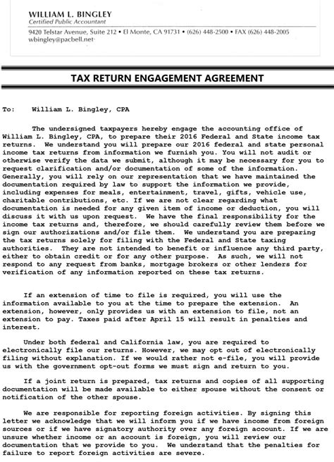 tax return engagement letter william  bingley