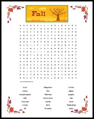 fall themed word search  printable page  kids