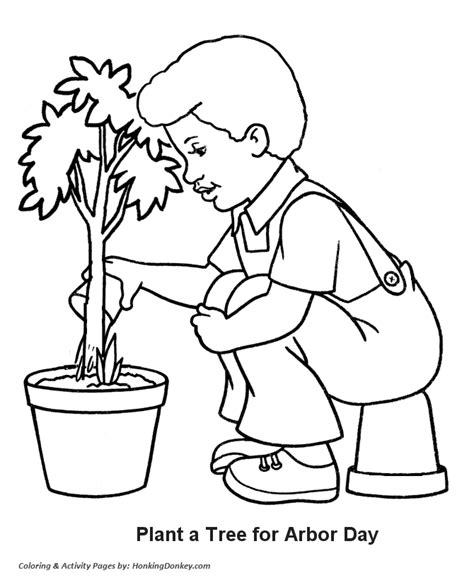 arbor day coloring pages boy watering  tree seedling coloring pages