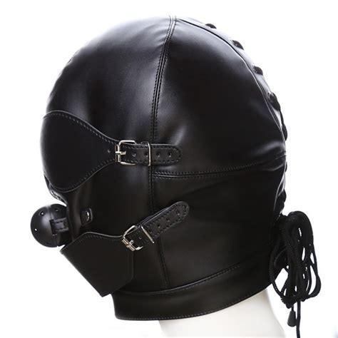 fetish hood headgear with mouth ball gag pu leather bdsm bondage sex