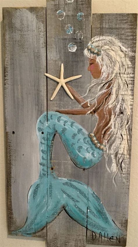 teal mermaid   recycle wood fence   mermaid wall art
