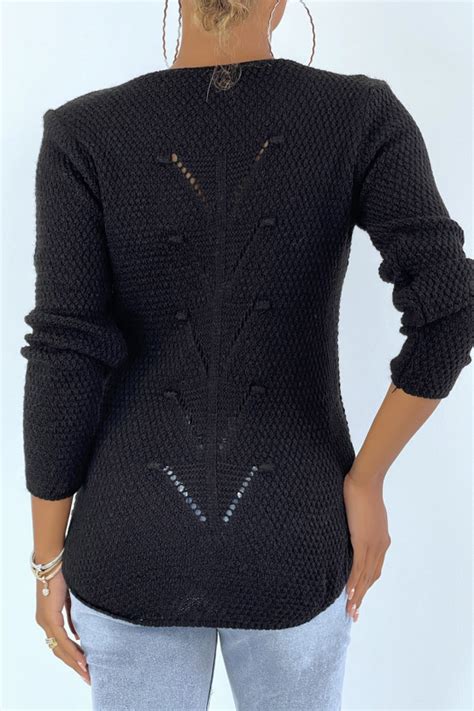 zwarte trui van aan de achterkant gevlochten wol damestrui warm en comfortabel om te dragen