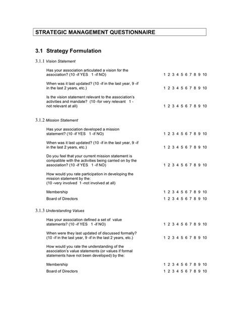 Strategic Management Questionnaire Template In Word And Pdf Formats