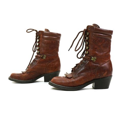 double  brown leather lace  ankle boots size  vintage etsy boots leather  lace