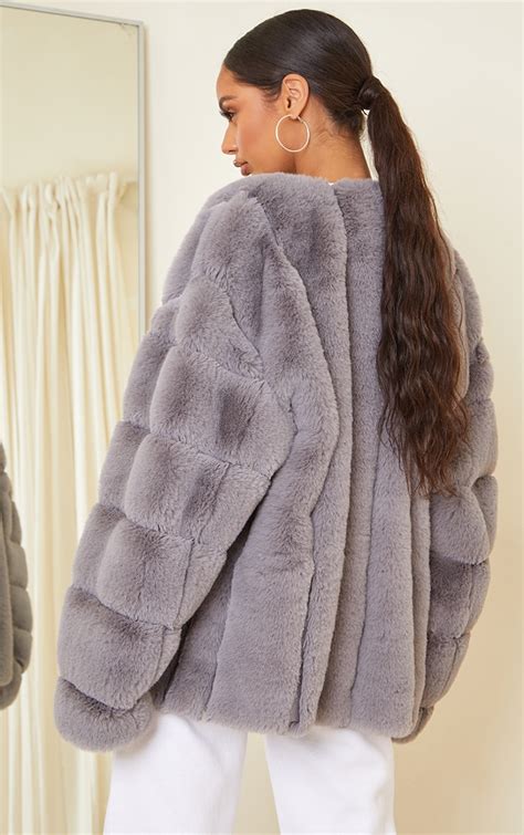 grey premium faux fur vertical bubble coat prettylittlething usa
