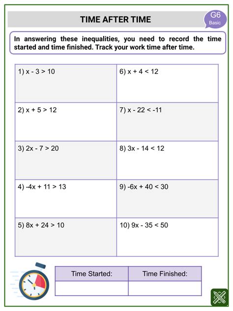 variable inequalities themed math worksheets age