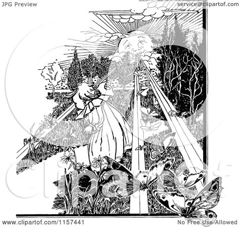 clipart of a retro vintage black and white sun shining on a girl with butterflies royalty free
