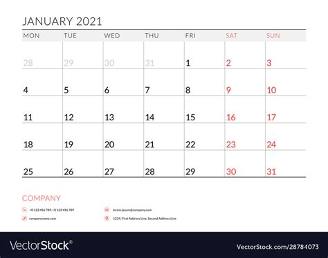 january  monthly calendar planner printable vector image