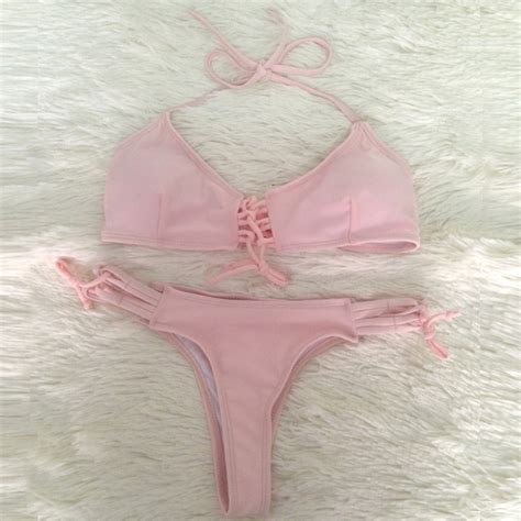 Wholesale Pink Bikini Hot Sexy Strappy Thongs Swimwear Womens Halter