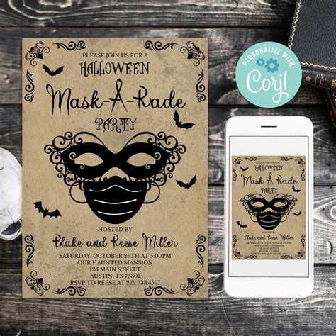 editable halloween masquerade party halloween mask  rade party medical mask invitation