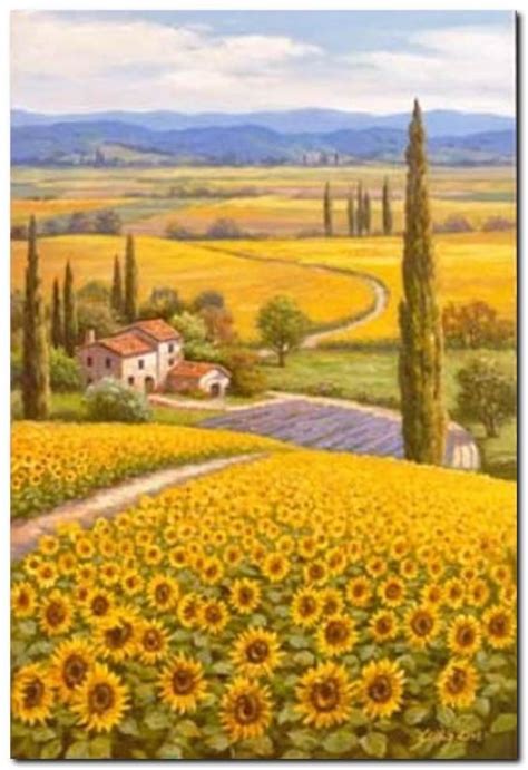 Flower Field Landscape Oil Painting Italian Tuscany Landscape Sunflower