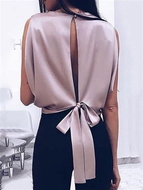 bowknot tie plain sleeveless women s blouse blouses for women black