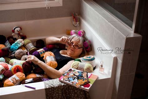 ga grandma poses for bedroom shoot in tub full of yarn