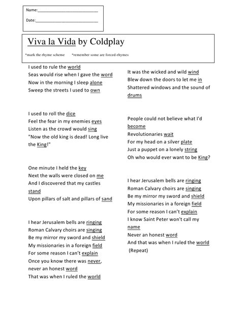 Viva La Vida Lesson Plan Lyrics Sheet