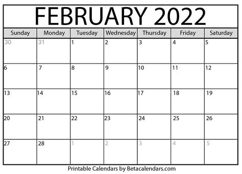 feb  calendar printable
