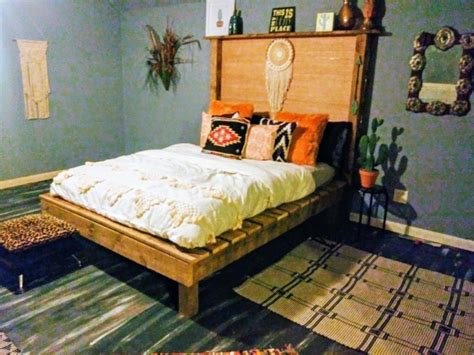 boho bedroom diy platform bed painted plywood floors