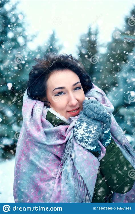 Beautiful Woman Is In Winter Forest Green Fir Trees With