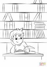 Coloring Book Library Reading Boy Pages Cute Little Printable Template sketch template