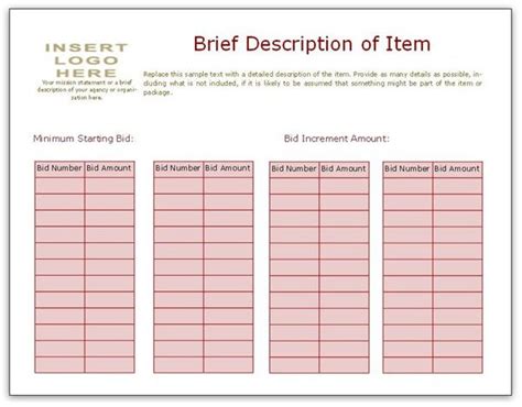 bid sheet template collection downloads  ms publisher