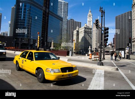 taxi cab downtown chicago crossing wacker drive il usa stock photo alamy