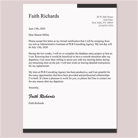 professional resignation letter template  month notice