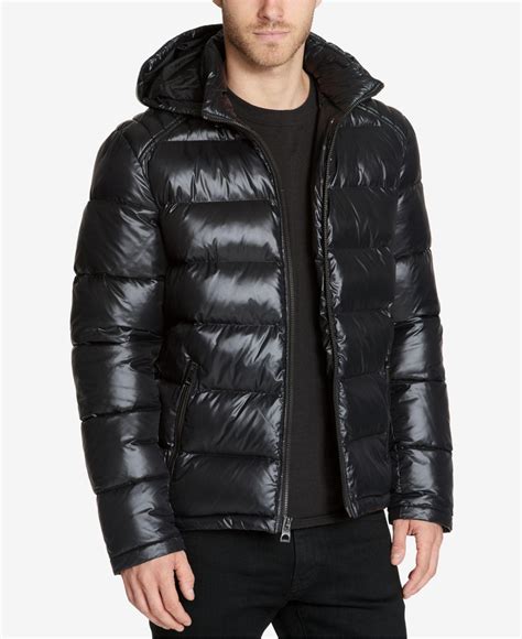 guess synthetic men s hooded puffer coat in black for men lyst