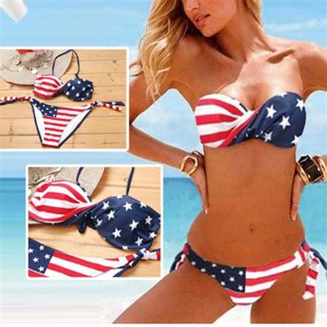 women bikini set usa flag push up padded bra swimsuit beachwear