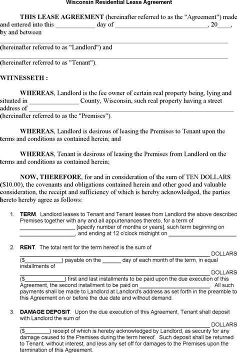 wisconsin residential lease agreement template  kb