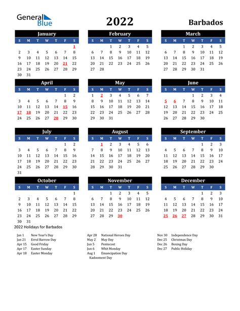 2022 barbados calendar with holidays