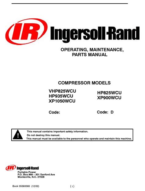 ingersoll rand vhpwcu operating maintenance  parts manual   manualslib