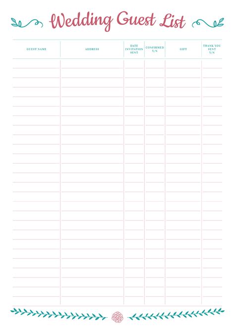 printable wedding guest list  gift section   guest
