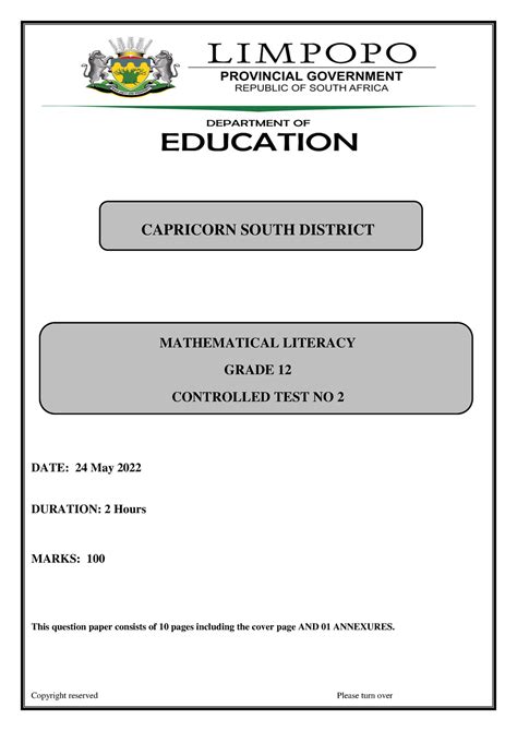 grade  ml test  maths literacy exam paper capricorn south