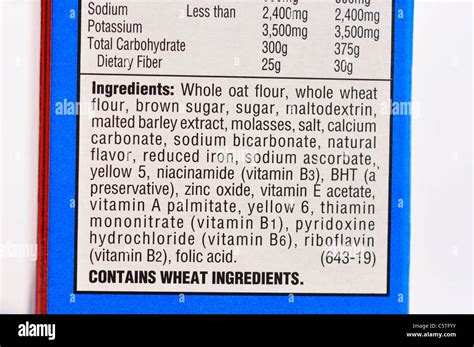 ingredients list  cereal box stock photo alamy