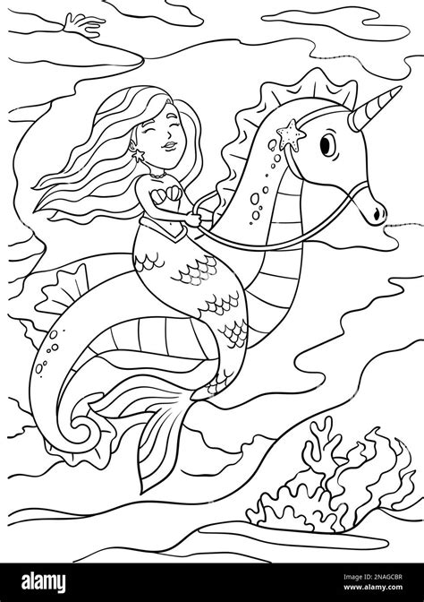 mermaid riding sea horse coloring page  kids stock vector image
