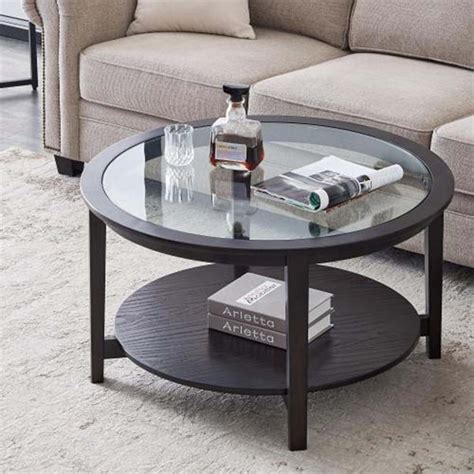 Round Glass Top Coffee Table Modern Solid Wood Round Sofa Table W