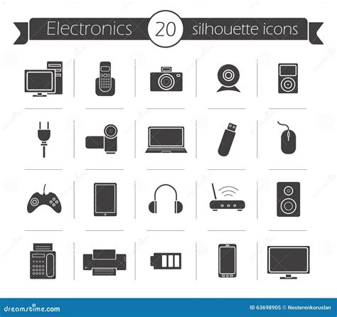 consumer electronics black silhouette icons set stock vector illustration  headphones plug