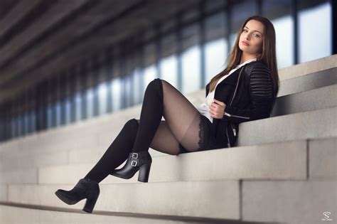 wallpaper black women model long hair brunette sitting high heels knee highs fashion