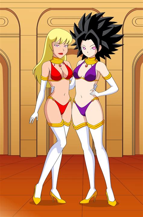 alternate costume bikini black hair blonde hair caulifla cleavage dc comics dragon ball female