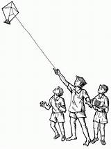 Coloring Kite Flying Kids Three Together Printable sketch template