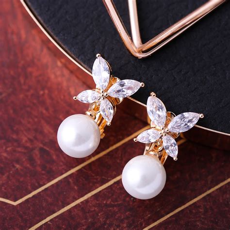 marquise cubic zirconia clip earrings jewelry simulated pearl fashion