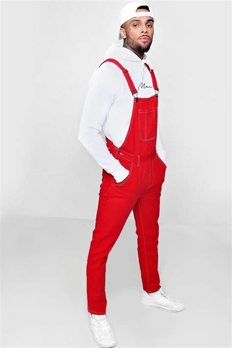 skinny fit red denim dungarees boohooman uk red overalls overalls