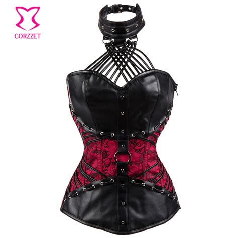 gothic leather halter tops red floral brocade overbust corsets and