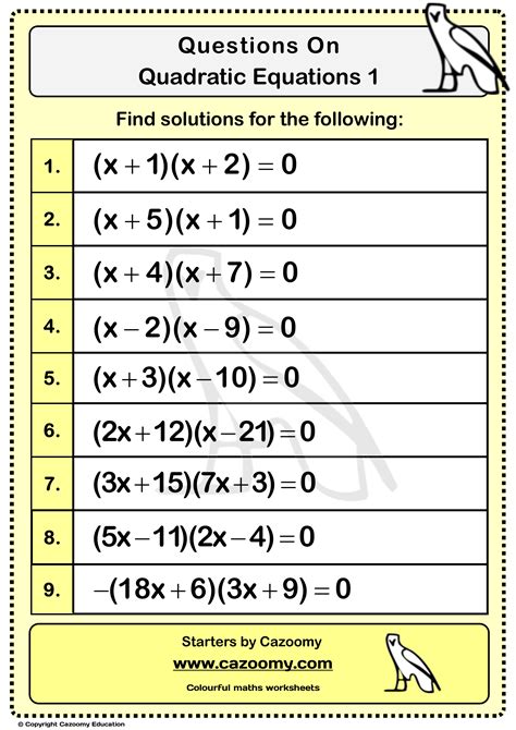 quadratic equations worksheets practice questions  answers cazoomy
