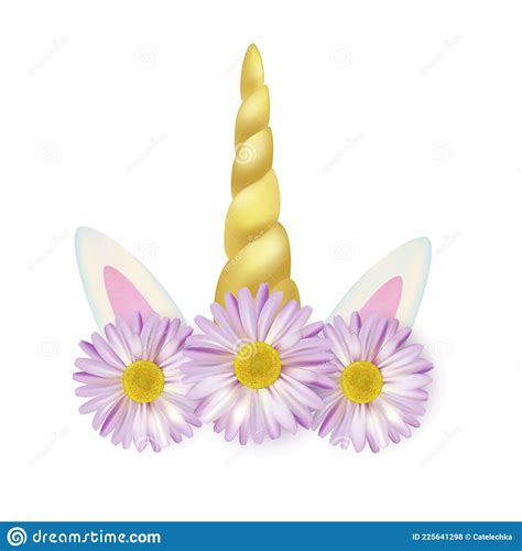 gold unicorn horn  white ears  flowers isolated  white