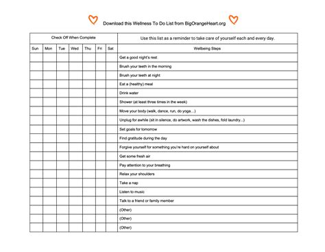 weekly wellness checklist big orange heart