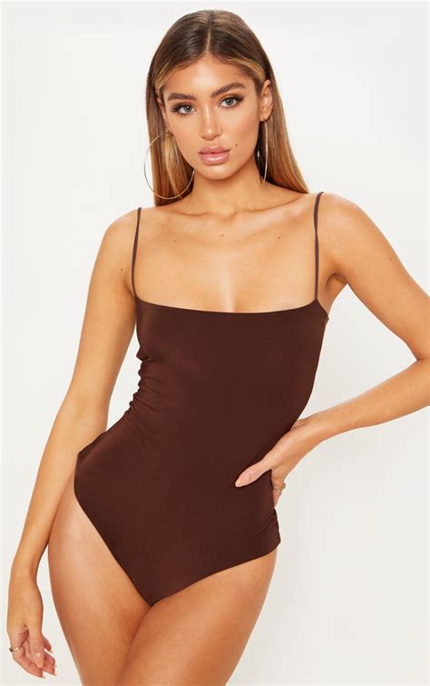 chocolate spaghetti strap bodysuit tops prettylittlething