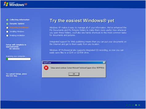 installing windows xp error 557ff5ch setup cannot continue